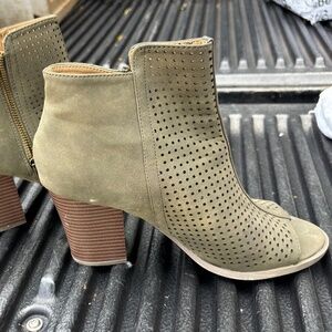 Green and Brown Perforated Ankle Booties with Stacked Heel
